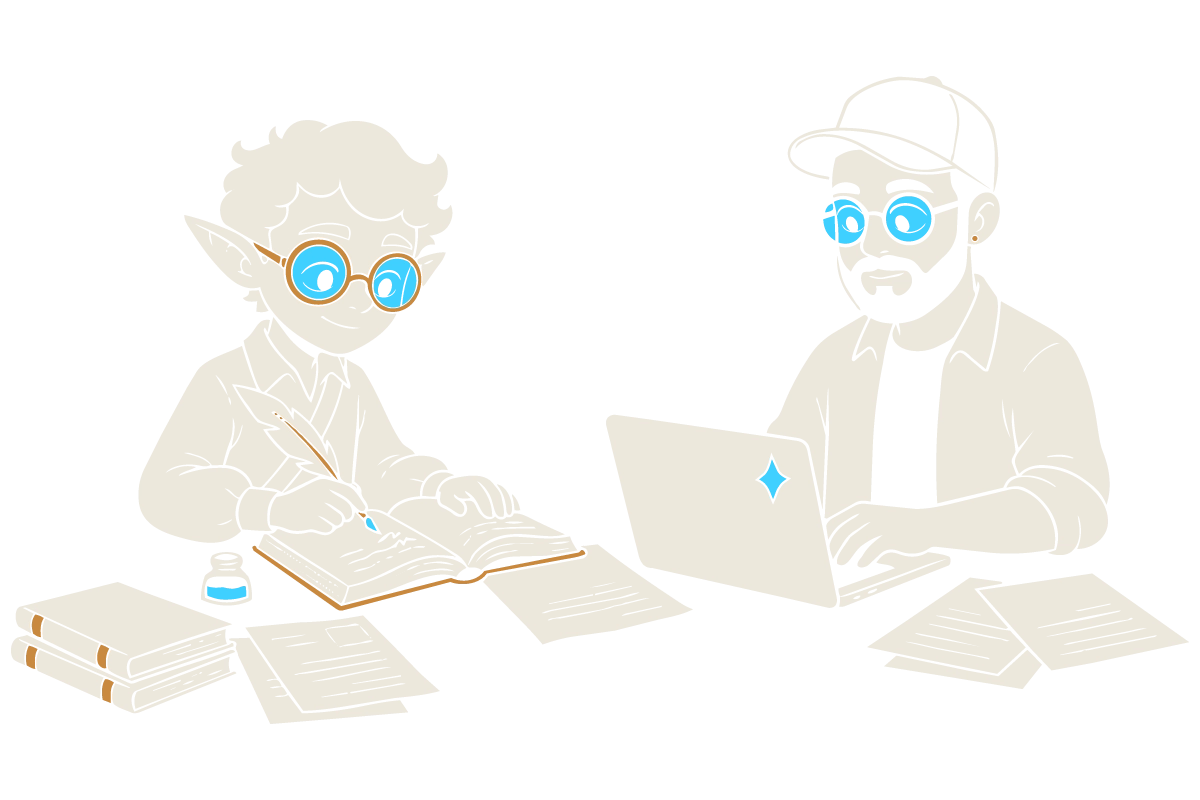 Illustrated scene of the creator working at a laptop beside Steward's companion character, who reviews notes at the same desk