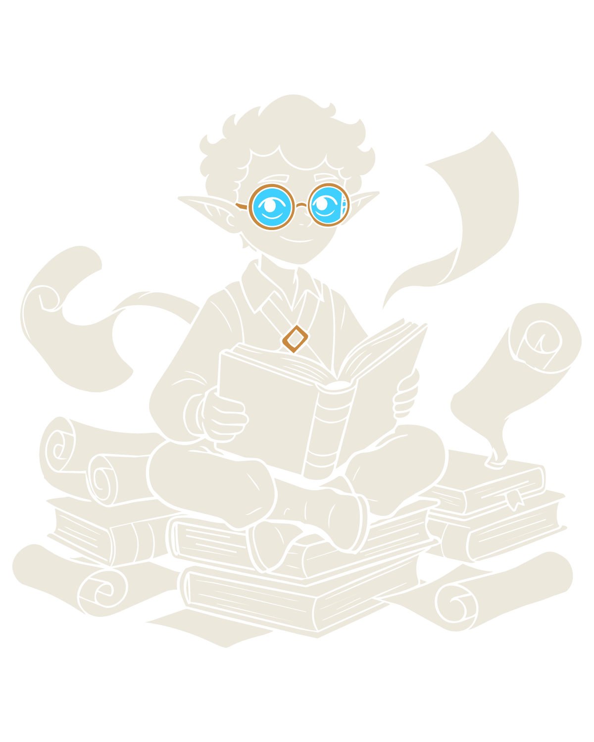 Illustrated companion character with curly hair, round glasses and pointed ears, sitting among stacks of books and unfurled scrolls, reading an open book