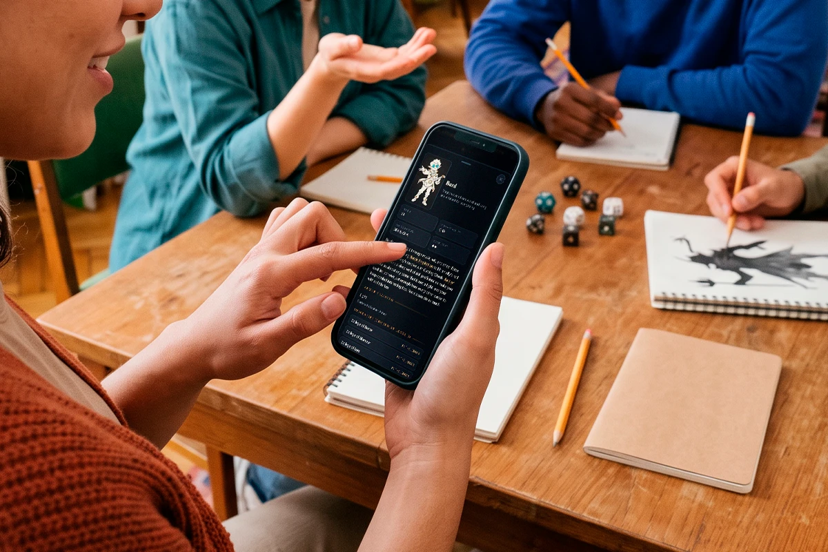 Players around a table during character creation, one holding a device