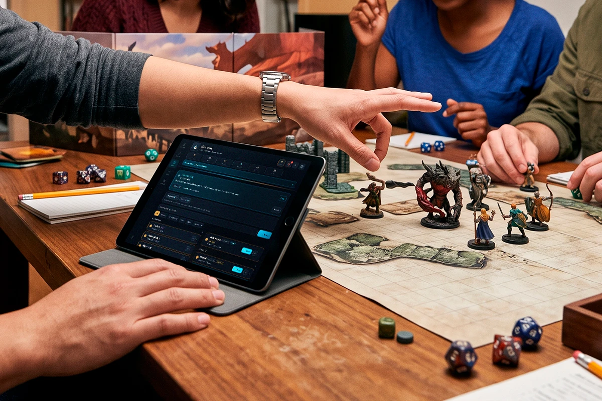 A device on the table tracking HP and resources mid-session while dice are rolled